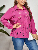 Plus Size Openwork Collared Neck Long Sleeve Shirt